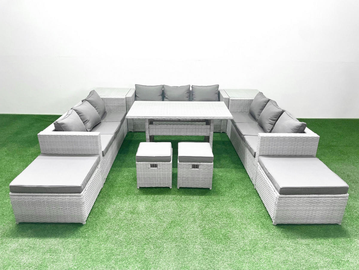 GARTENSET mit Esstisch,Sofa,2 Beistelltischen Polyrattan Hellgrau 13-Sitzer - Hellgrau/Grau, Glas/Kunststoff - Fimous