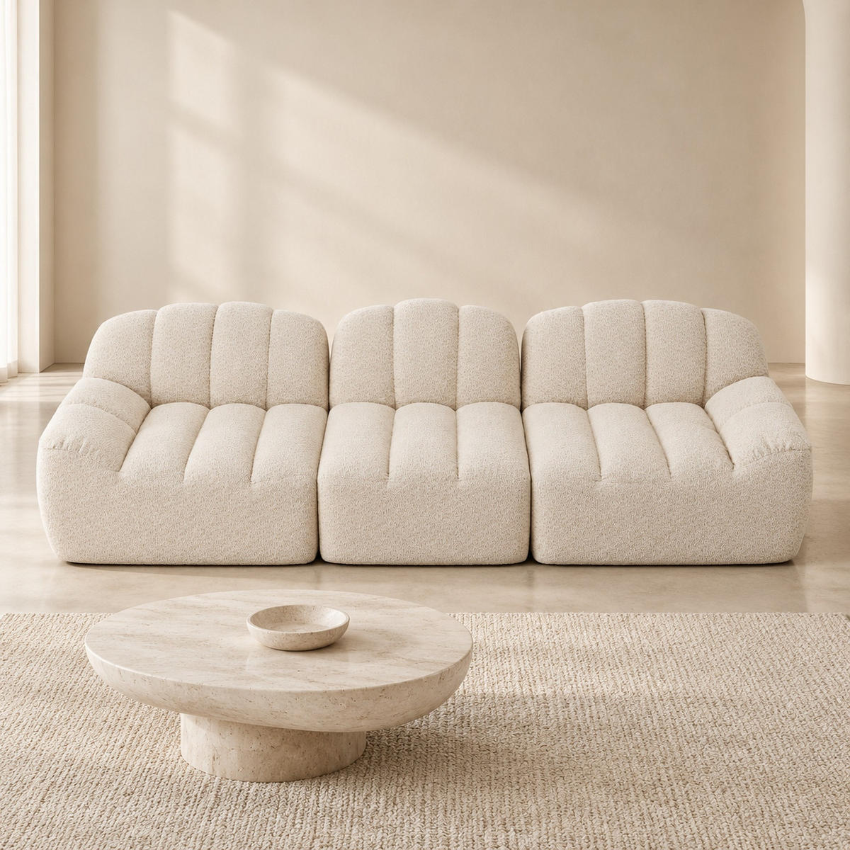 MODULARES Ecksofa mit granuliertem Fleece in Beige-Weiß 288x104x79 cm, flexibel stellbar mit Ottomane - Creme, Textil (104/79/288cm) - IVMEU