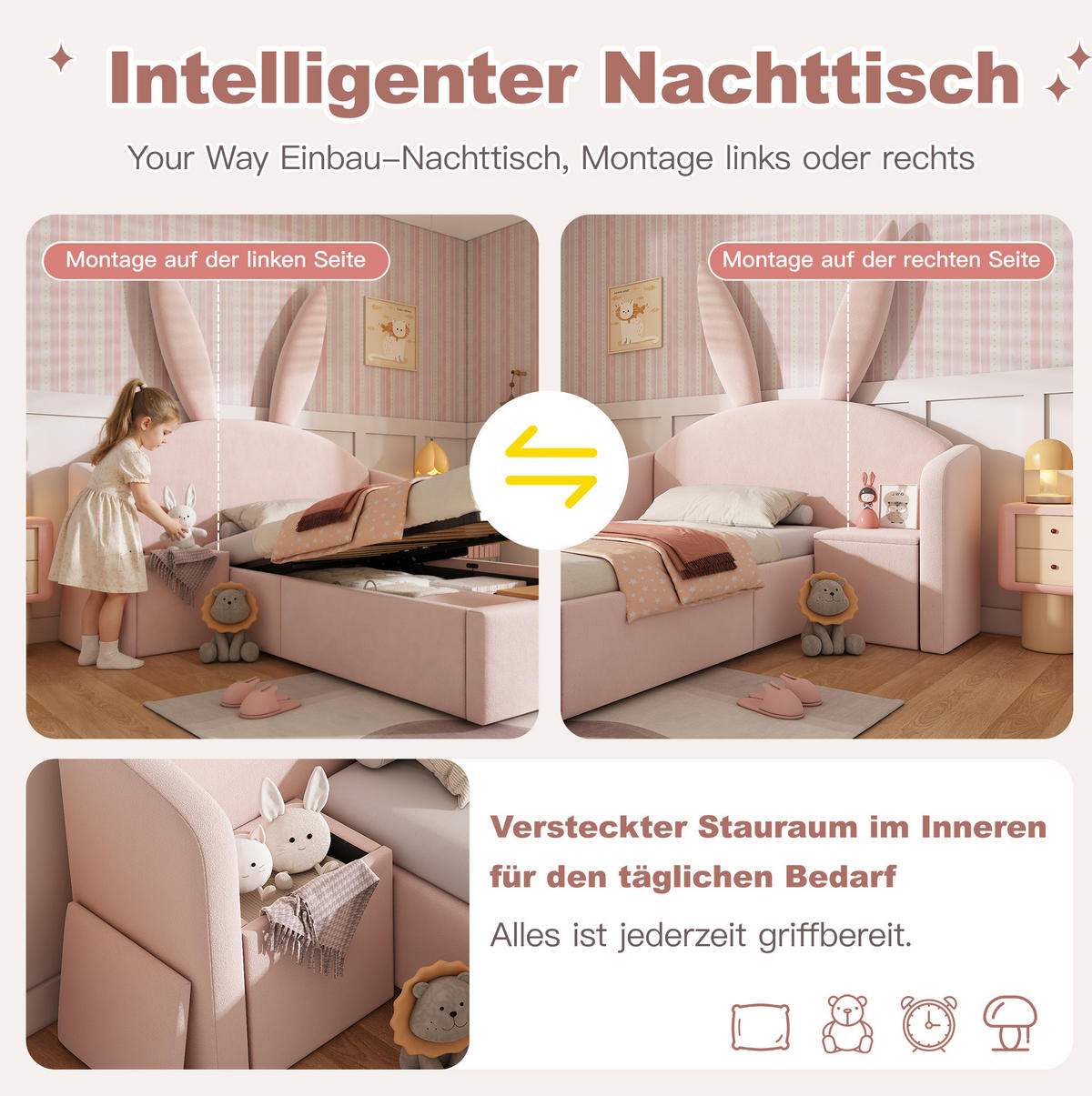 POLSTERBETT 90/200 cm Rosa aus Samt mit Nachttisch und Stauraum - Rosa, Textil (90/200cm) - OKMYHOME