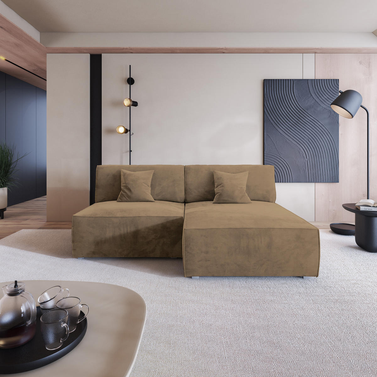 ROHOVÁ SEDAČKA FIORO béžová - šedá/béžová, dřevo/textil (204/148cm) - MASSENO