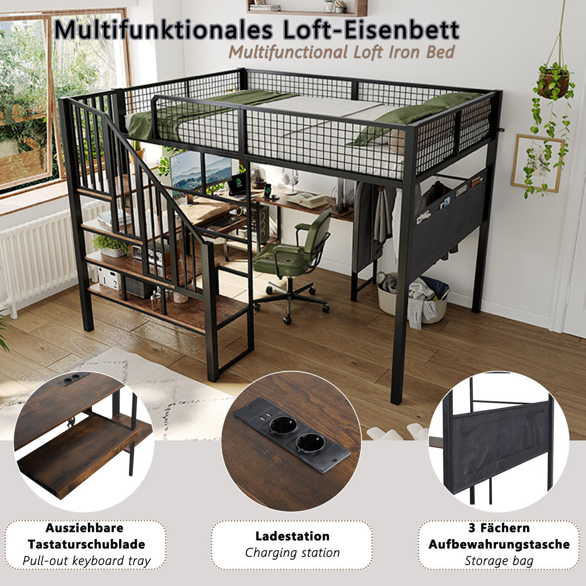 HOCHBETT aus Metall und Holz 140x200 cm Schwarz/Vintage mit Eckschreibtisch, Treppe und Ladeanschluss - Schwarz, Metall (140/200cm) - Modfu
