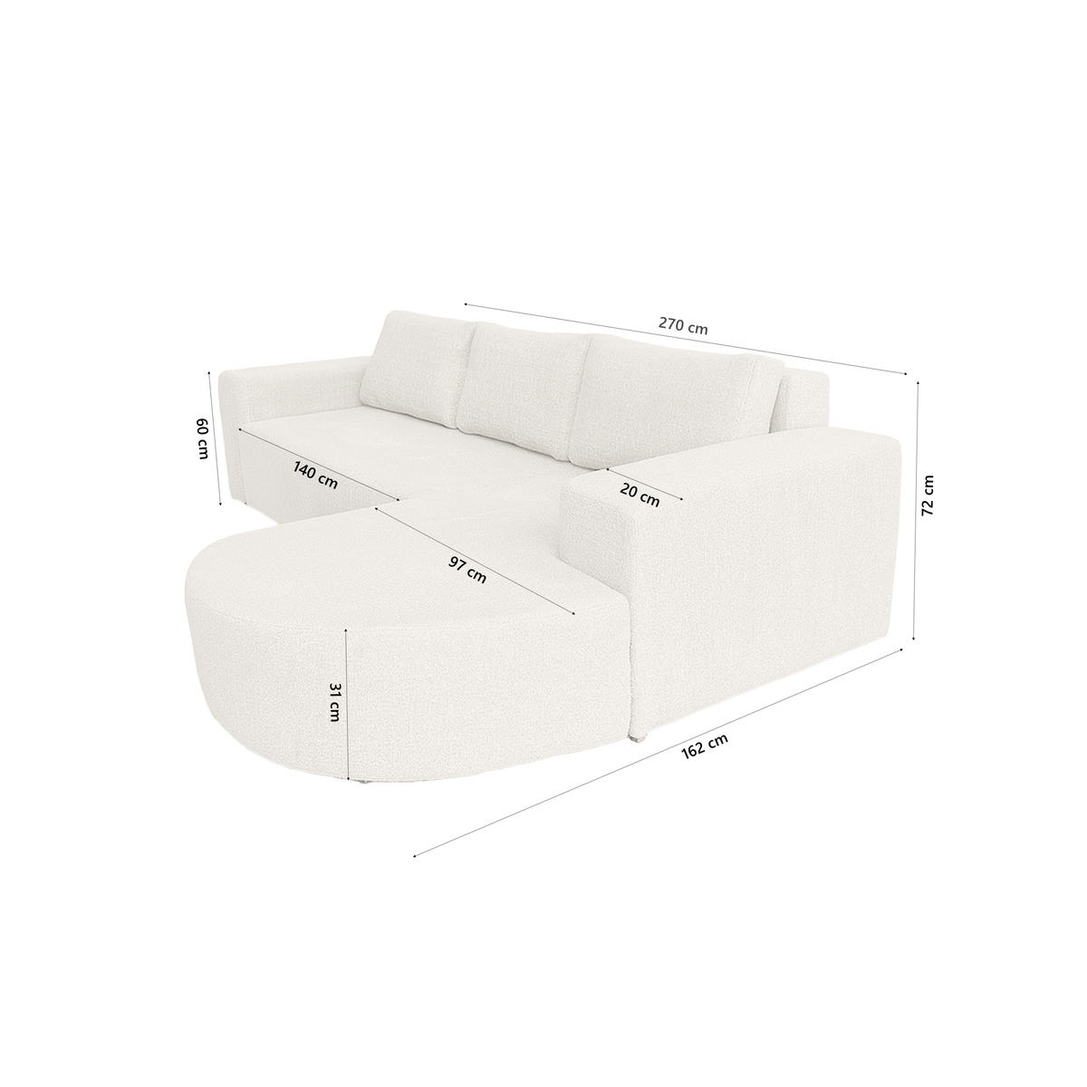 ECKSOFA Tolga mit Schlaffunktion, Ecru - Ecru, Textil (270/162cm) - Fedve