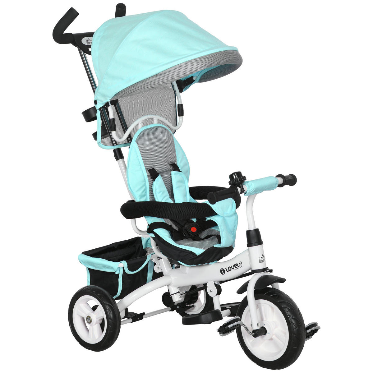 6-IN-1 Dreirad mit Schubstange, Kinderdreirad mit abnehmbarem Sonnendach Grün - Grün, Metall (95/50/106cm) - HOMCOM