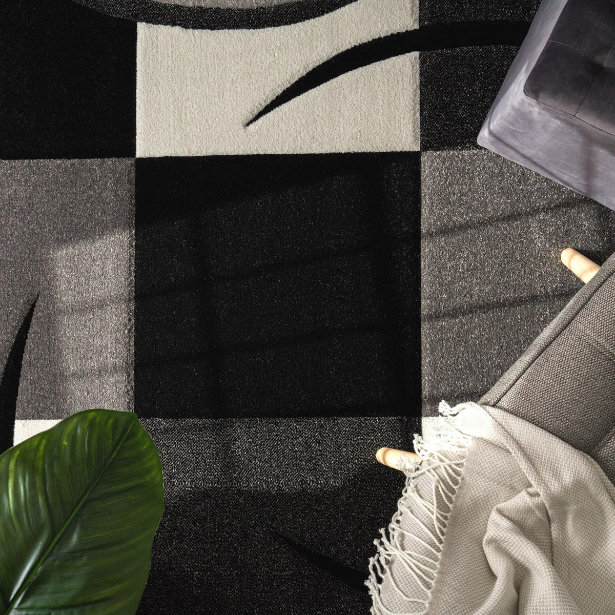 TEPPICH Kurzflor Karo Wohnzimmer schmutzabweisend Schwarz Rechteckig 300x400 - Schwarz, Textil (300/400cm) - KADIMA DESIGN
