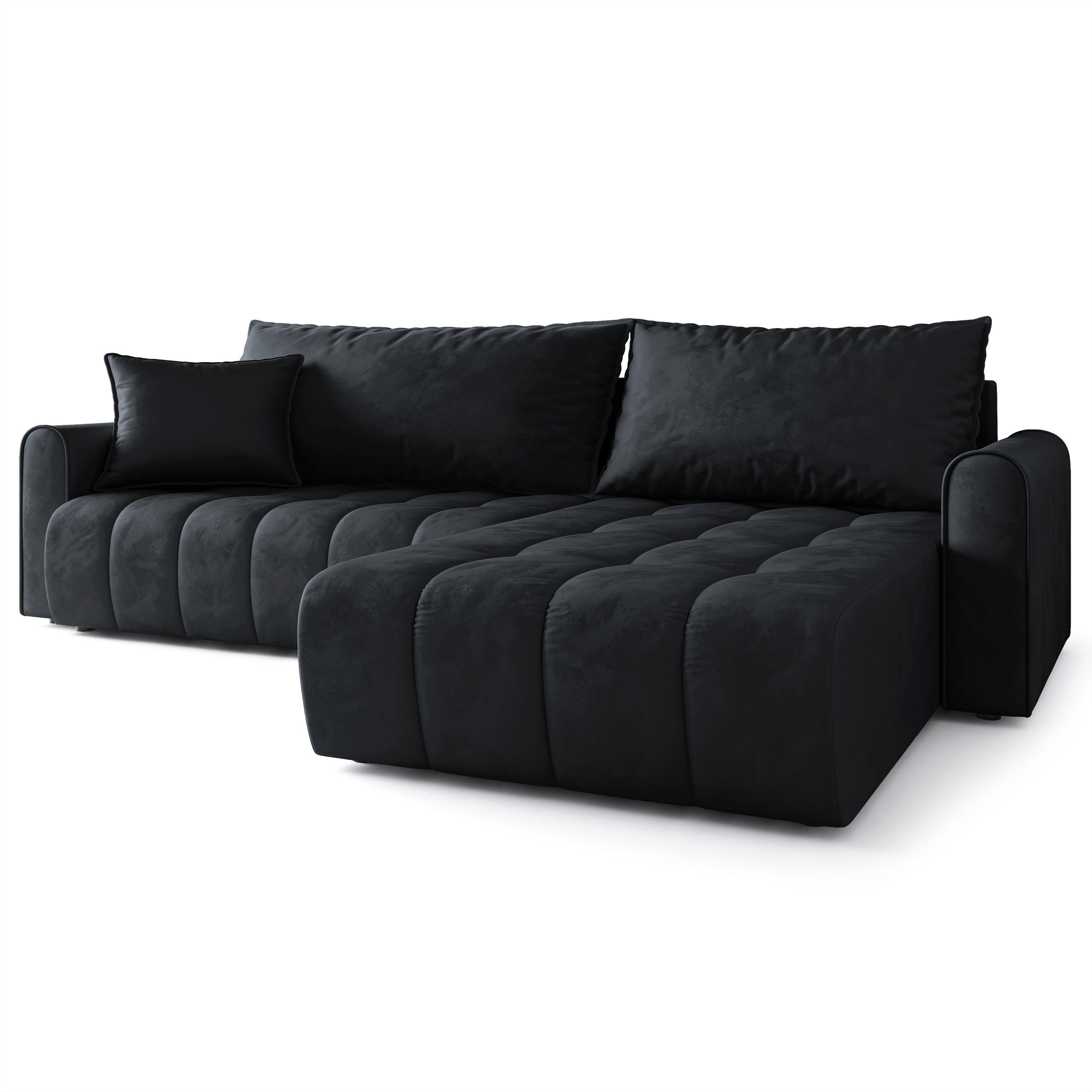 ECKSOFA FRIGA Schwarz Velours-Stoff mit Schlaffunktion - Schwarz, Holz (283/185cm) - MASSENO