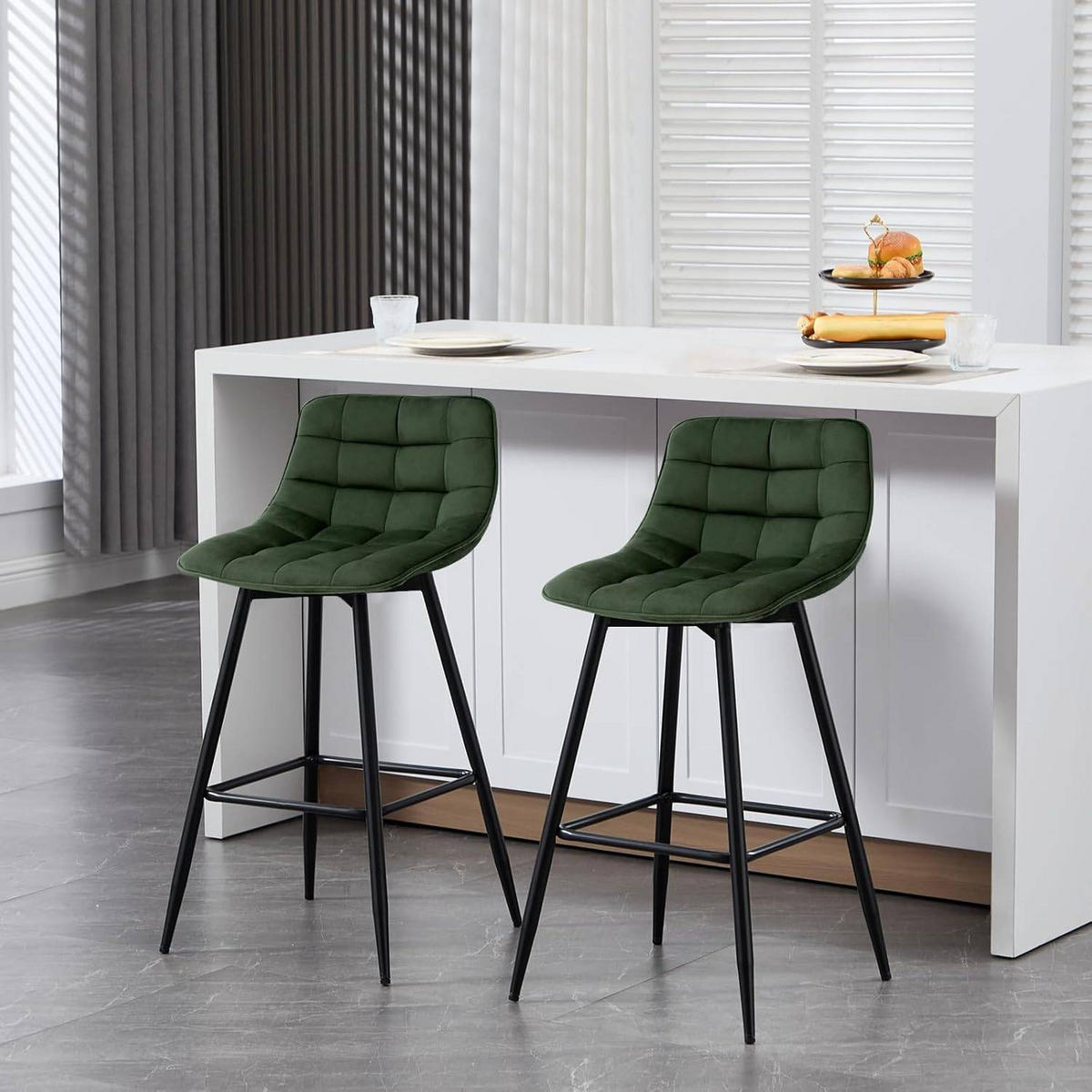 BARHOCKER 4er Set, Fußstütze, Samt, Dunkelgrün - Dunkelgrün/Schwarz, Textil/Metall (43/88/35.5cm) - Woltu