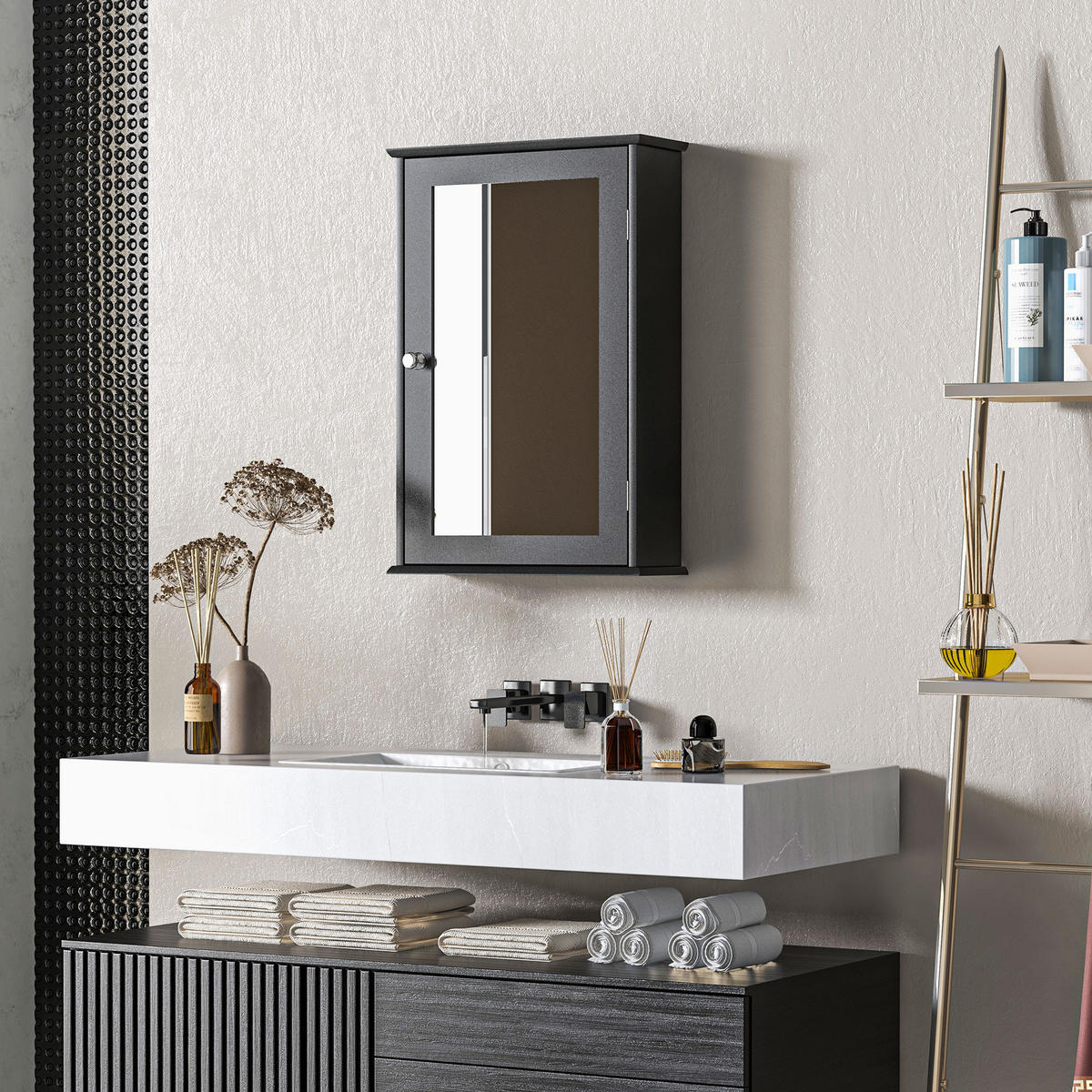 SPIEGELSCHRANK Spiegelschrank mit Spiegel und Magnetverschlusstür, 41 x 14 x 60 cm ,Schwarz - Schwarz, Glas (41/60/14cm) - Vallsero