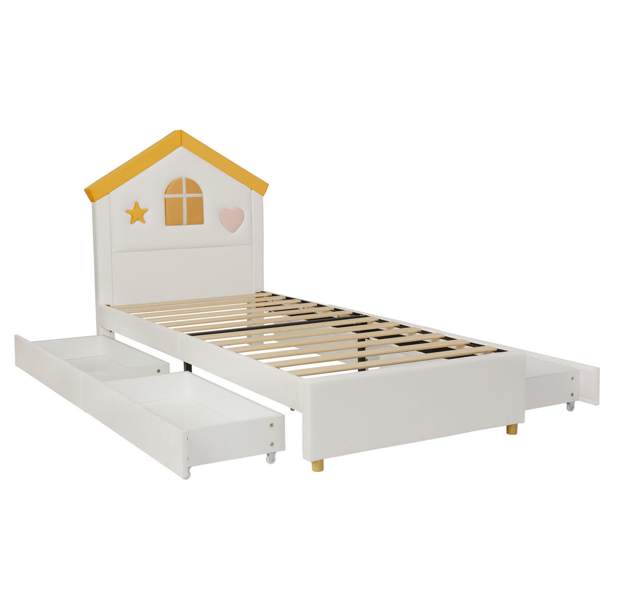 KINDER-POLSTERBETT 90x200 cm in Beige mit Hauskopfteil und 4 Schubladen - Beige, Textil (90/200cm) - IVMEU