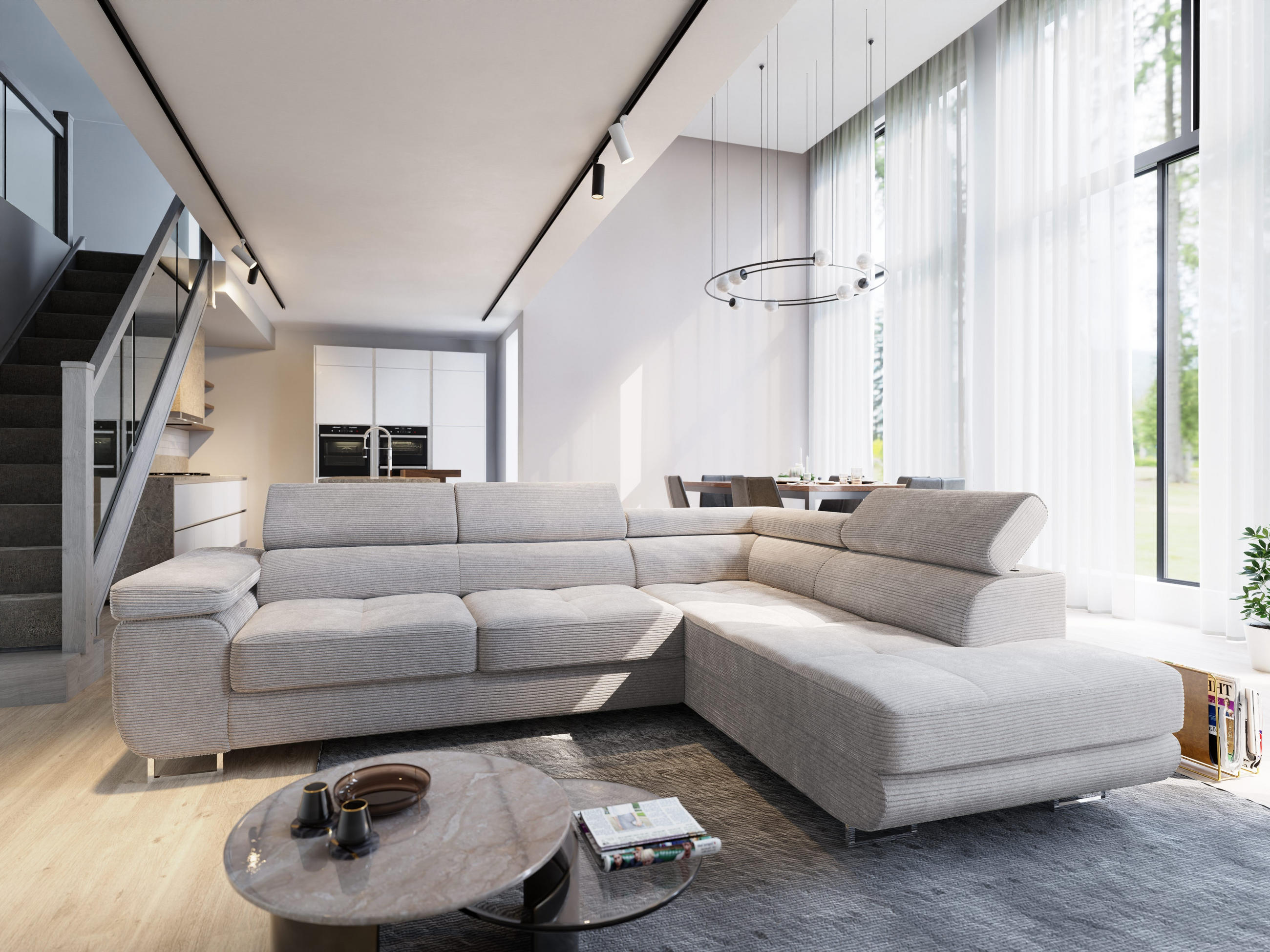 ECKSOFA APIRO R-S Creme Kordstoff mit Schlaffunktion - Creme, Holz (276/202cm) - MASSENO