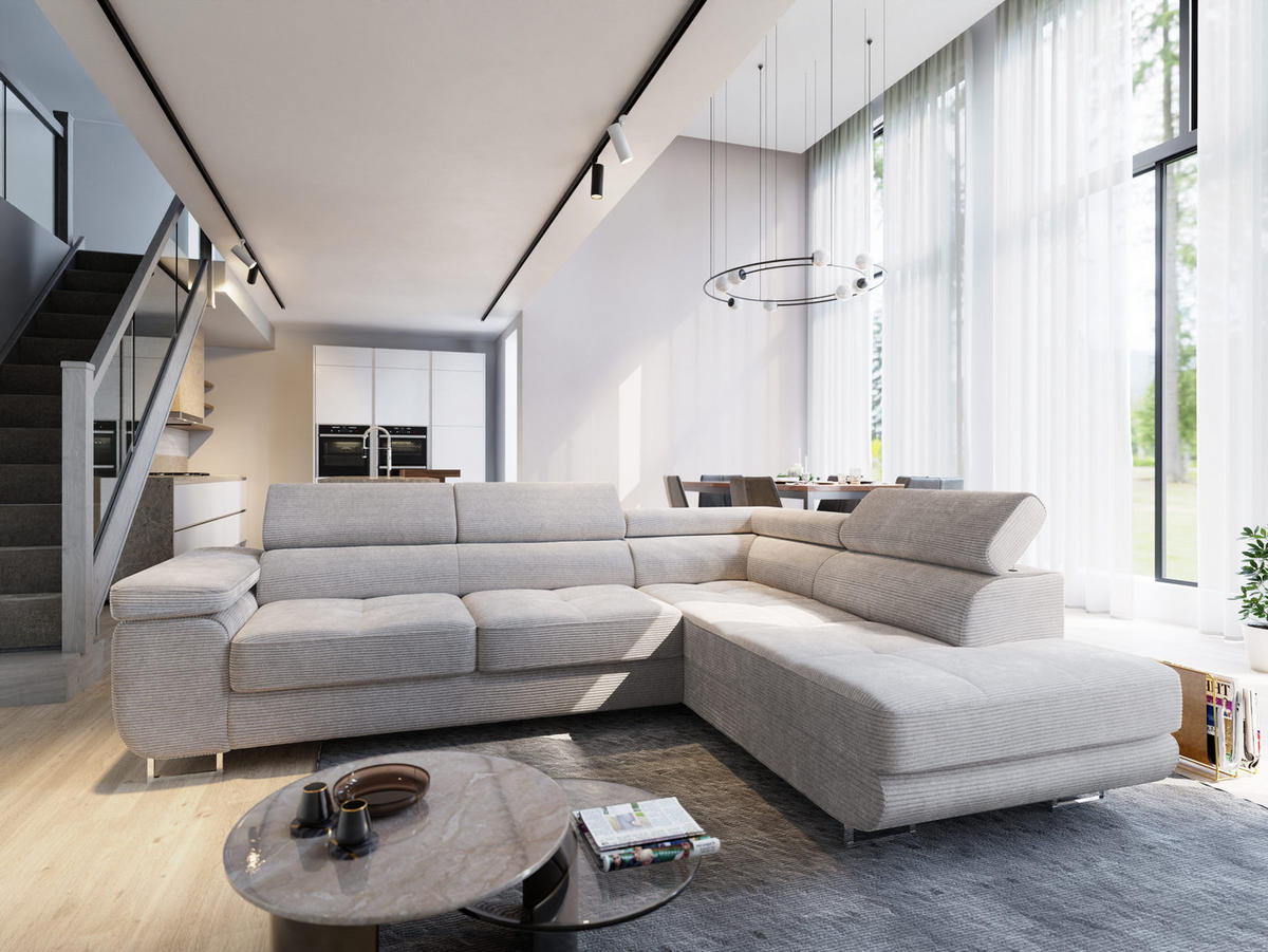 ECKSOFA APIRO R-S Creme Kordstoff mit Schlaffunktion - Creme, Holz (276/202cm) - MASSENO