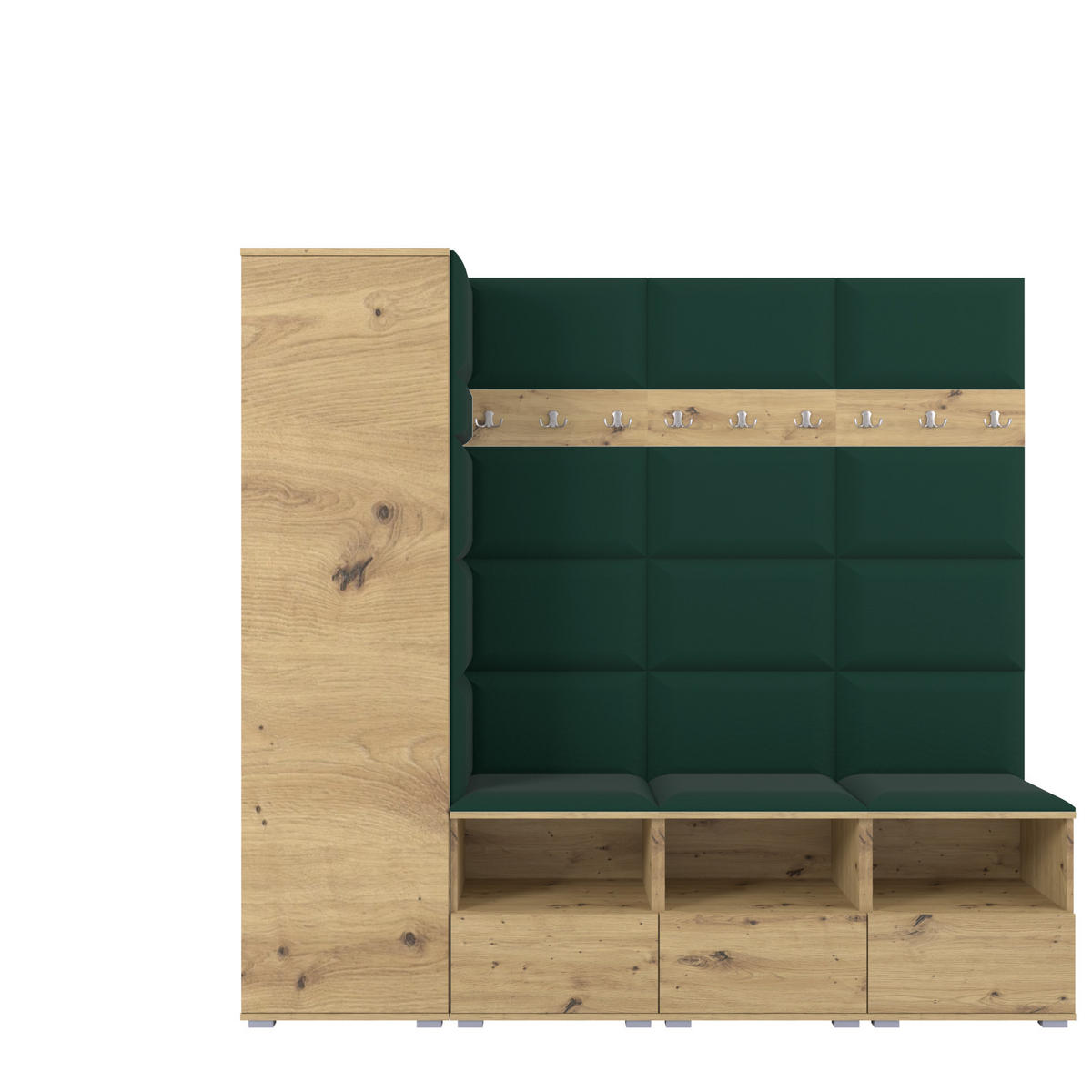 GARDEROBE NELA IX 200 cm (Modulare Flurmöbel Artisan Eiche mit Sitzpolster Flaschengrün 28 Breite Sitzbank) - Dunkelgrün/Silberfarben, Holz/Holzwerkstoff (200/187/40cm) - Ravio