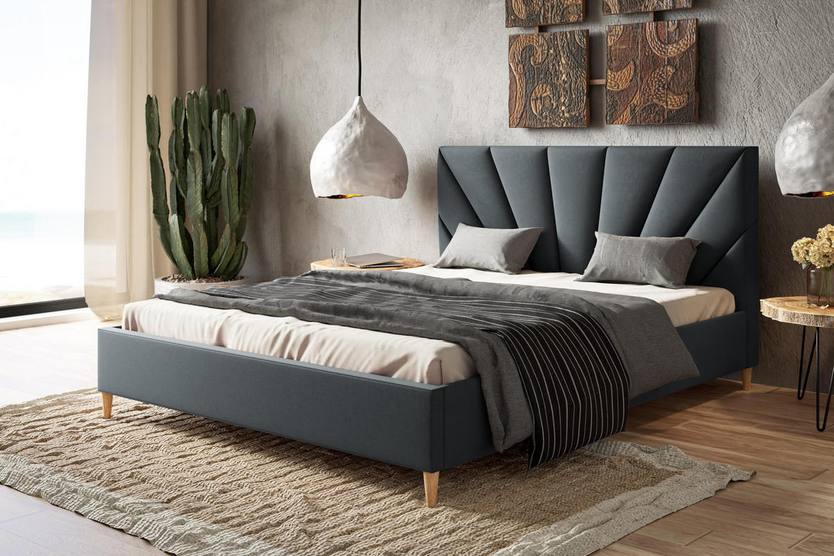 POLSTERBETT LUX Denver mit Kopfteil, 120 x 200 cm, Doppelbett mit Lattenrost aus Holz, Velourstoff Dunkelgrau, Füße in Farbe: Braun - Dunkelgrau, Holz/Textil (120/200cm) - Alpi-Möbel