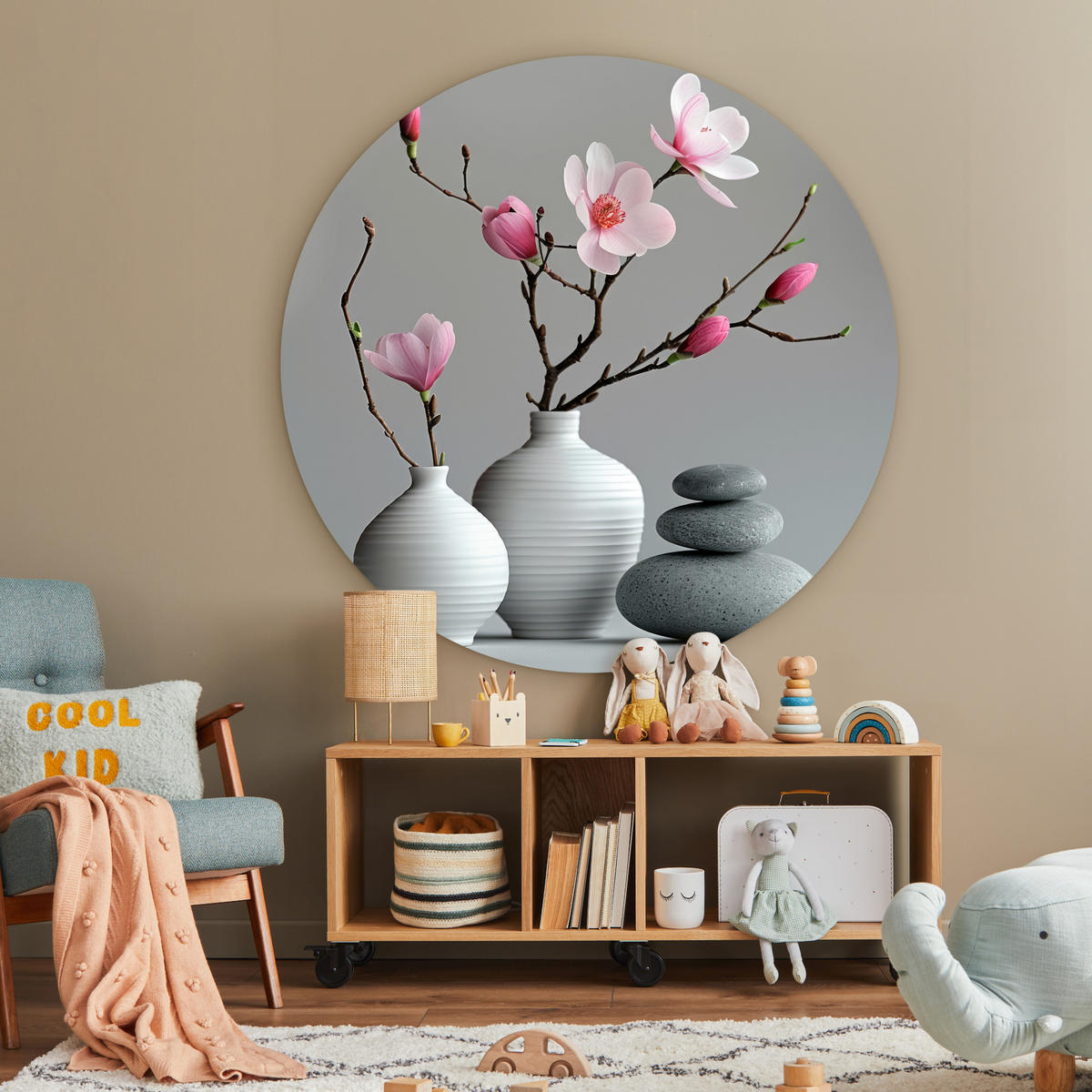 WANDBILD Magnolie - Blumen - Rosa - Zen-Steine 140x140 cm - Hellgrau, Kunststoff (140/140cm) - MuchoWow