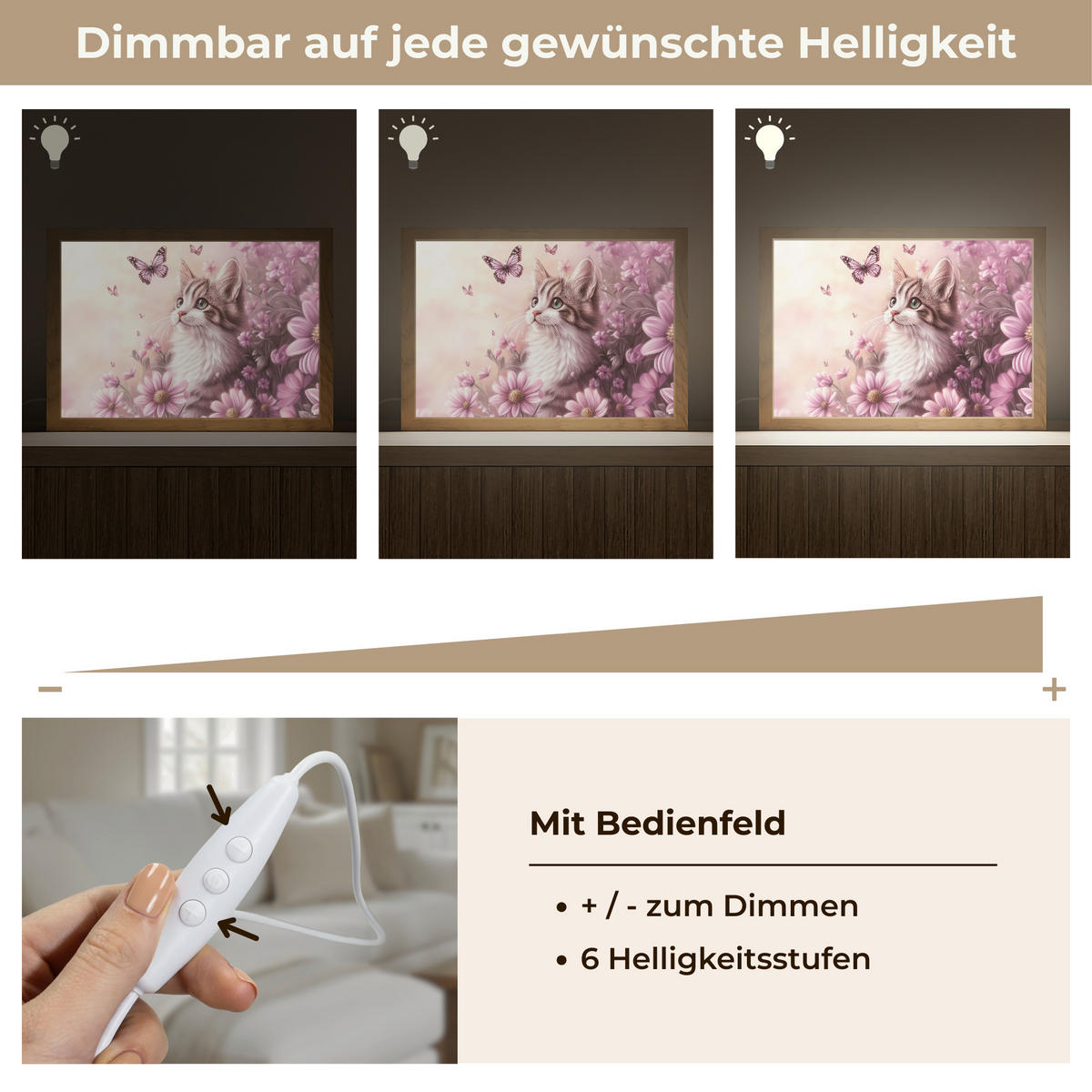 NÁSTĚNNÁ LAMPA Koťátko - Květiny - Motýli - Fialová 30x20 cm - starorůžová, kompozitní dřevo (30/20/8cm) - OnlyWow