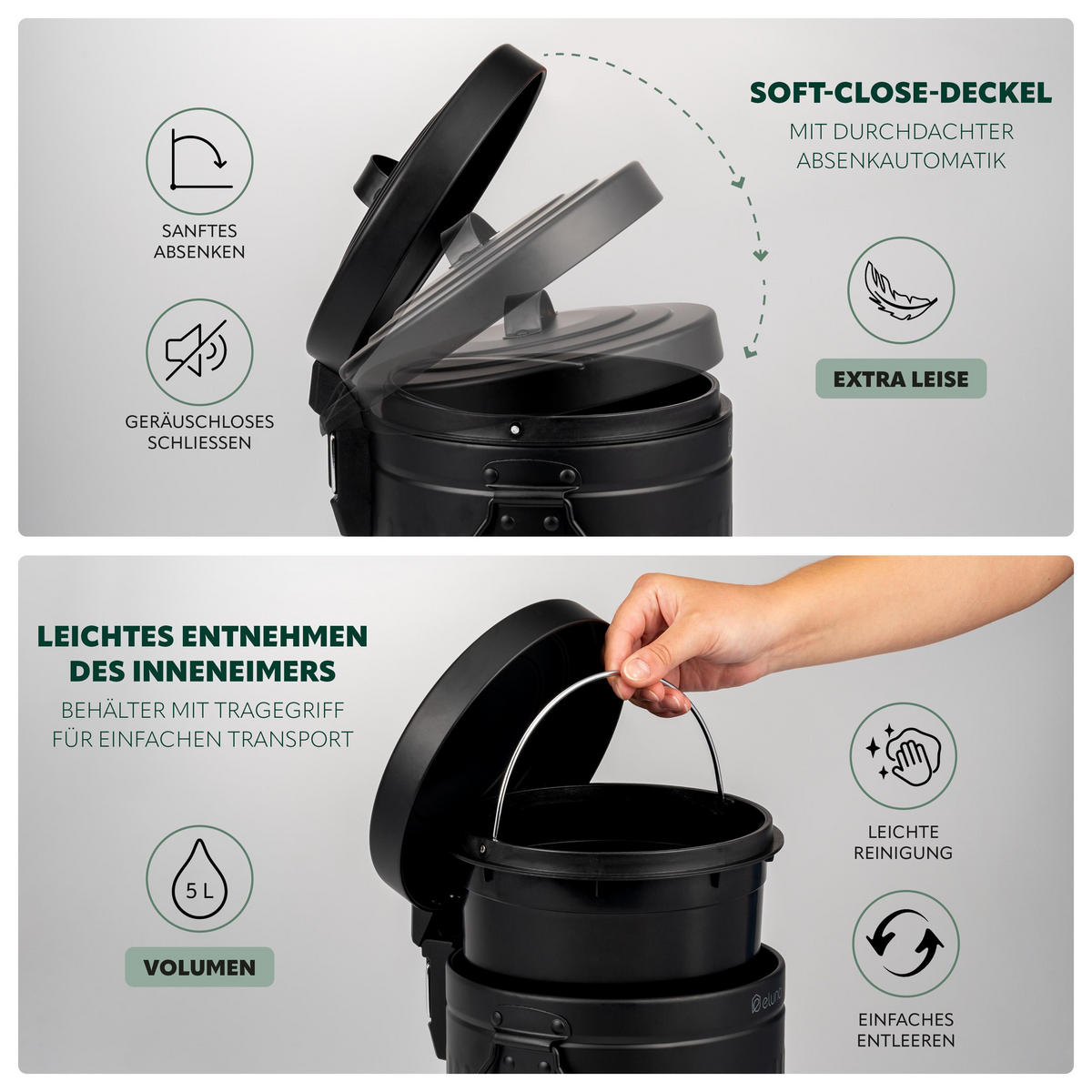 KOSMETIKEIMER Treteimer VINTAGE, 5 Liter, aus Metall, schwarz - Schwarz, Metall (21/30.5/21cm) - eluno