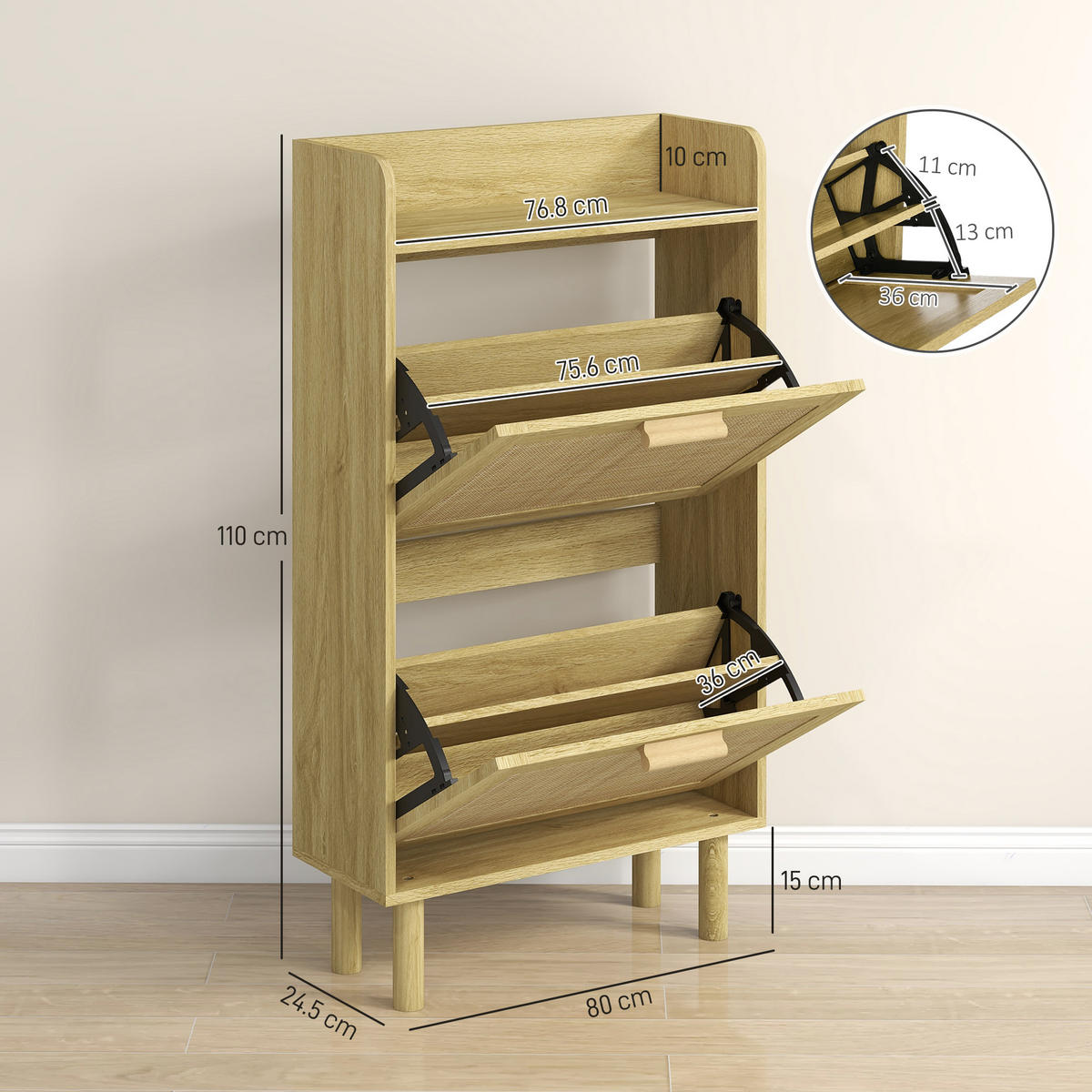 SCHUHSCHRANK,SCHMAL 2 Klappschubladen mit Deckel,eiche - Beige, Holzwerkstoff (80/110/24.5cm) - Vallsero