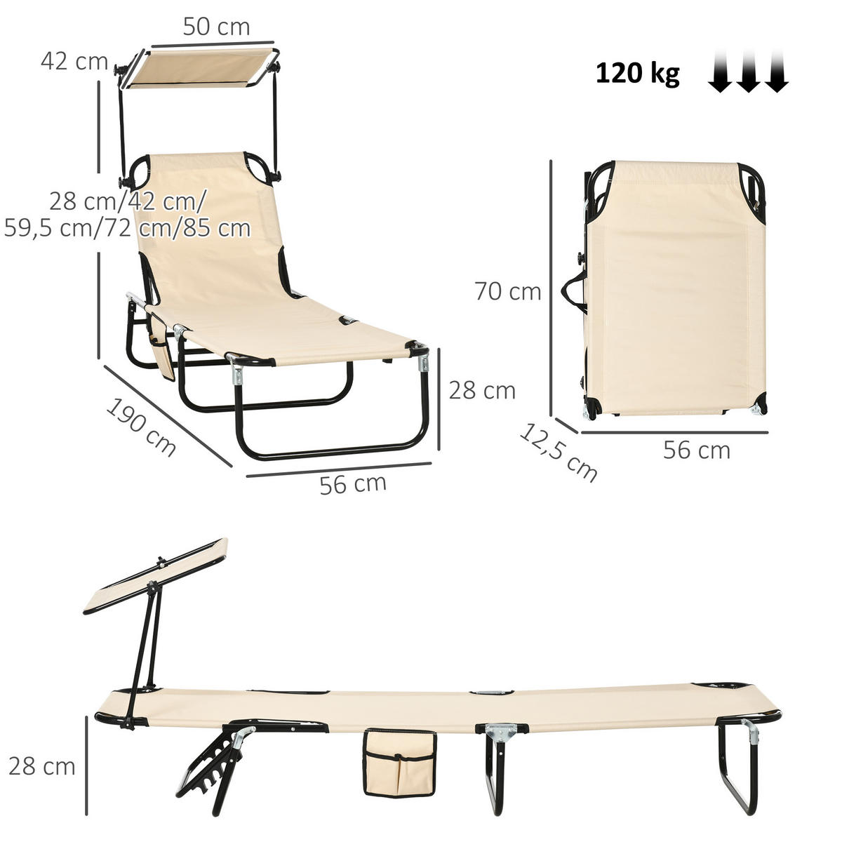 SONNENLIEGE 2er Set klappbar mit Sonnendach verstellbar Rückenlehne - Schwarz/Braun, Textil/Metall (56/28/190cm) - Outsunny