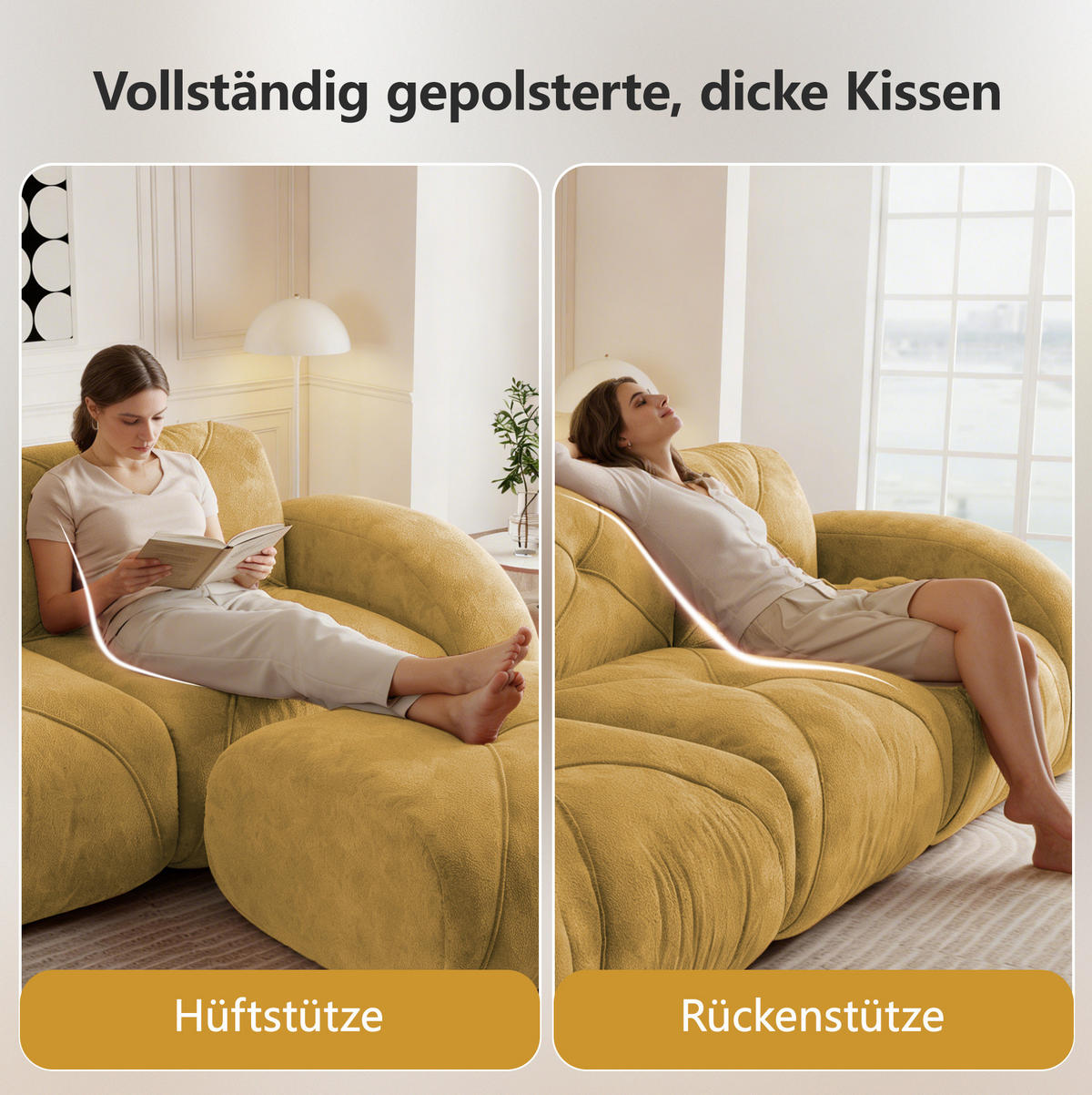 2-SITZER-MODULSOFA aus Chenille Gelb rahmenlos, 2-Sitzer, mit 32D-Schaumstoff und flexiblem Modulsystem - Gelb, Textil (204/76/95cm) - Modfu