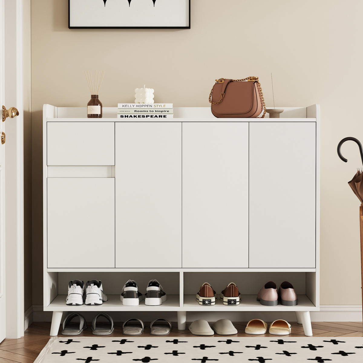 SCHUHSCHRANK 120/35/99 cm mit 4 Türen, 1 Schublade, verstellbarem Einlegeboden und Kippsicherung, aus Spanplatte, Weiß - Weiß, Holzwerkstoff (120/99/35cm) - Redom