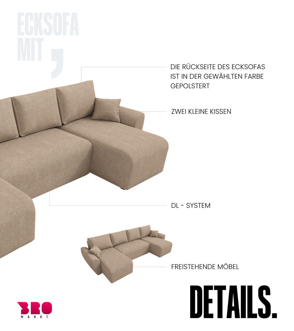 WOHLANDSCHAFT Rotterdam U mit Schlaffunktion Beige Bouclé - Creme, Textil (310/80/141cm) - Bromarkt