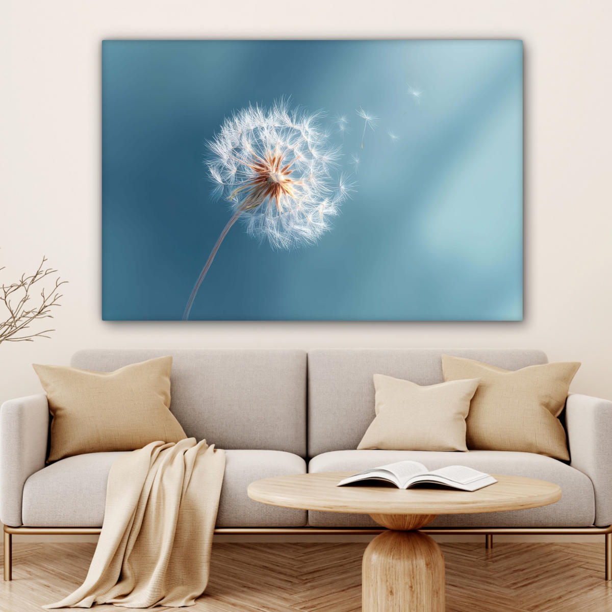 LEINWANDBILD Löwenzahn - Wind - Blau Wohnzimmer Groß 120x80 cm - Blaugrau, Textil (120/80cm) - MuchoWow