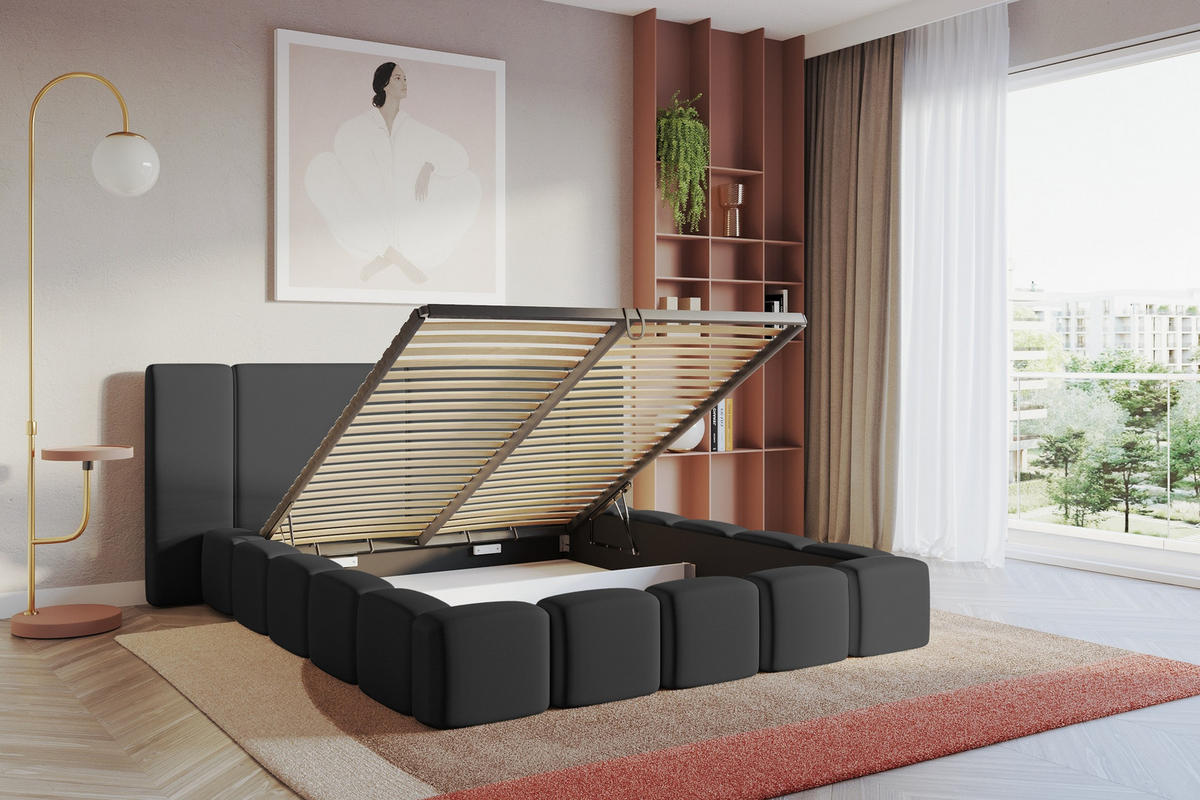 POLSTERBETT mit Bettkasten und Lattenrost, Bett mit Matratze H3/H4 - NILO 140x200 Schwarz - Schwarz Hochglanz, Holzwerkstoff/Textil (140/200cm) - ALTDECOR