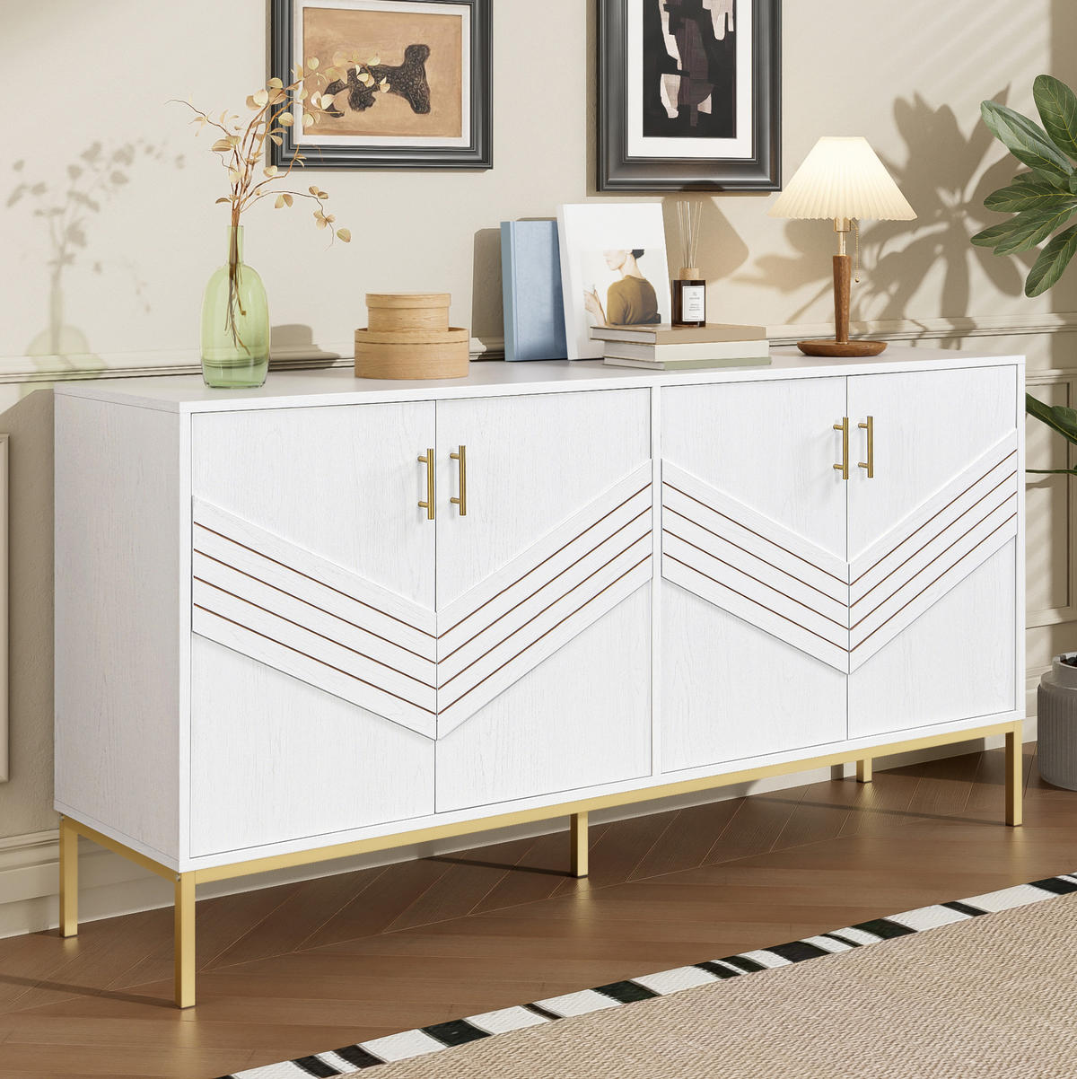 SIDEBOARD aus MDF in Weiß/Holzoptik mit 4 Türen und höhenverstellbaren Böden, 160/40/80,5 cm, Weiß/Holzoptik - Weiß, Holzwerkstoff (40/80.5/160cm) - Redom