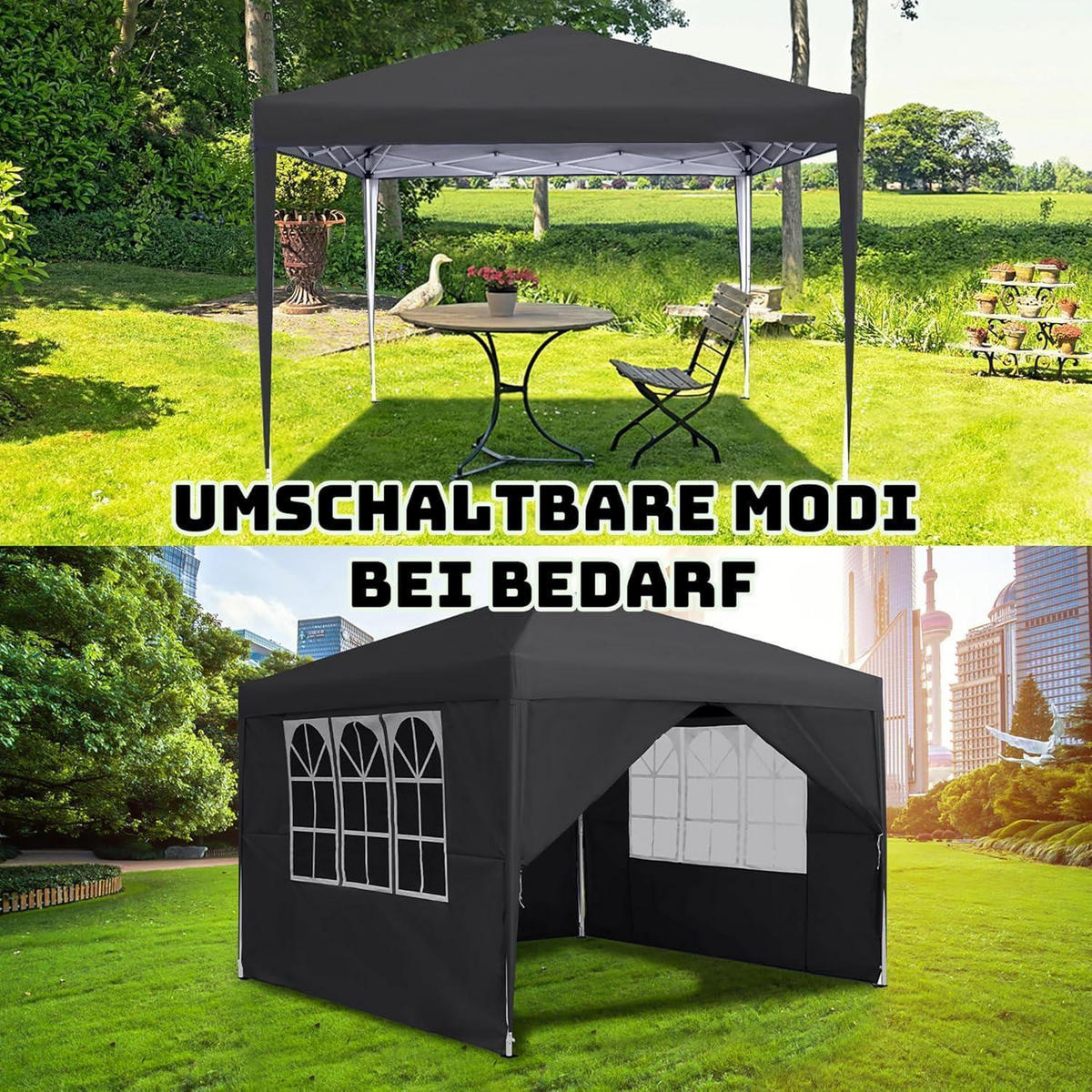 FALTPAVILLON 3 x 3 m Anthrazit mit 4 Seitenteilen und Fenstern - Schwarz, Textil (300/260/300cm)