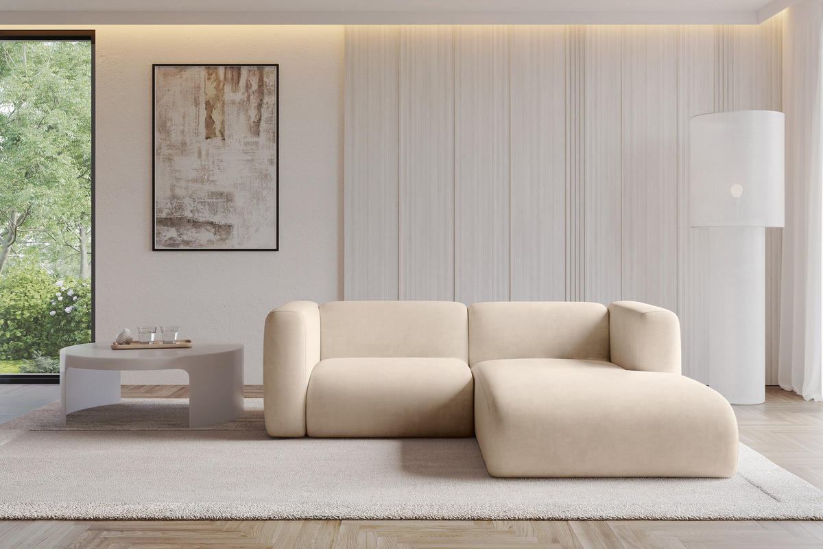 ECKSOFA Ottomane Rechts MIRA-L1 227x179x89 Beige Velours - Greige/Beige, Holzwerkstoff/Kunststoff (227/179cm) - ALTDECOR