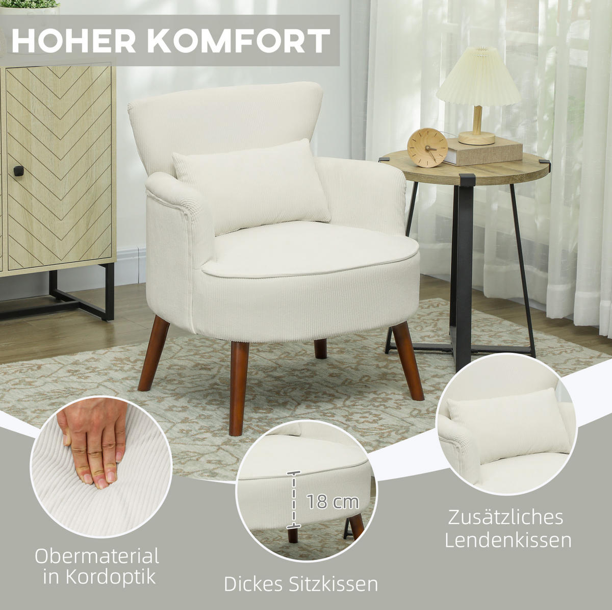 SESSEL 69/69,5/78 cm in Cremeweiß mit Flügelrücken und Holzbeinen - Creme, Kunststoff (69.5/78/69cm) - BEAOK