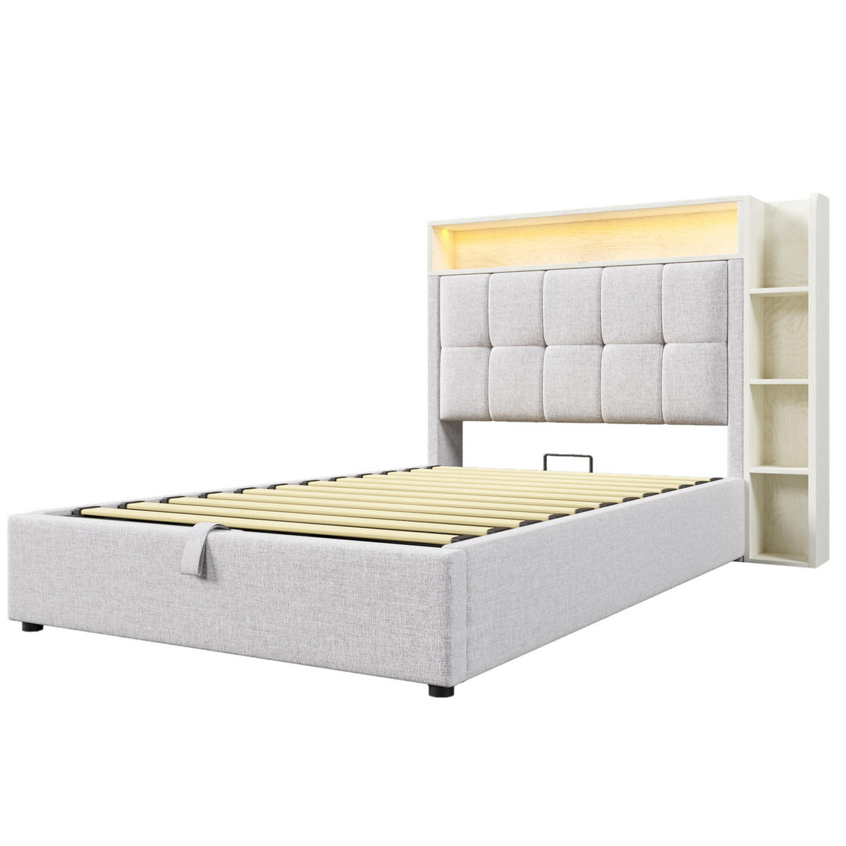 POLSTERBETT 90/200 cm mit USB- und Typ-C-Anschluss, LED-Beleuchtung, Bettkasten und Leinenbezug, Beige - Beige, Textil (90/200cm) - Redom