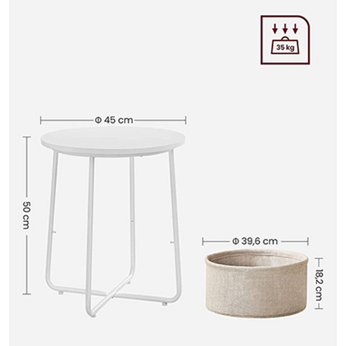 BEISTELLTISCH mit Korb - Weiß, Metall (45/45/50cm) - A2A Home