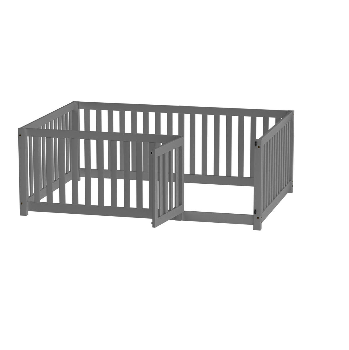 BETT 140/200 cm aus Massivholz Grau – Bodenbett mit Zaun und Tür - Grau, Holz (140/200cm) - BEAOK