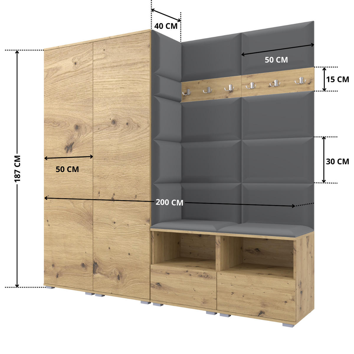 GARDEROBE NELA VI 200 cm (Kompaktgarderobe Artisan Eiche mit Sitzpolster Dunkelgrau 15 Schrank & Paneel) - Dunkelgrau/Silberfarben, Holz/Holzwerkstoff (200/187/40cm) - Ravio