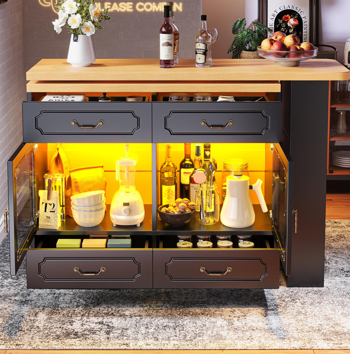 ESSZIMMERSCHRANK aus MDF 135-203x39x92,8cm in Schwarz mit LED - Schwarz, Holzwerkstoff (39/92.8/203cm) - Modfu
