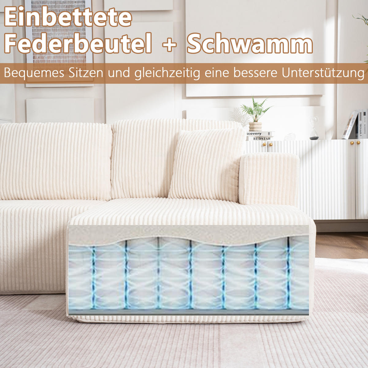 WOHNLANDSCHAFT Cord Weiß mit Schlaffunktion und Kissen - Weiß, Textil (332/88/156cm) - WISHDOR