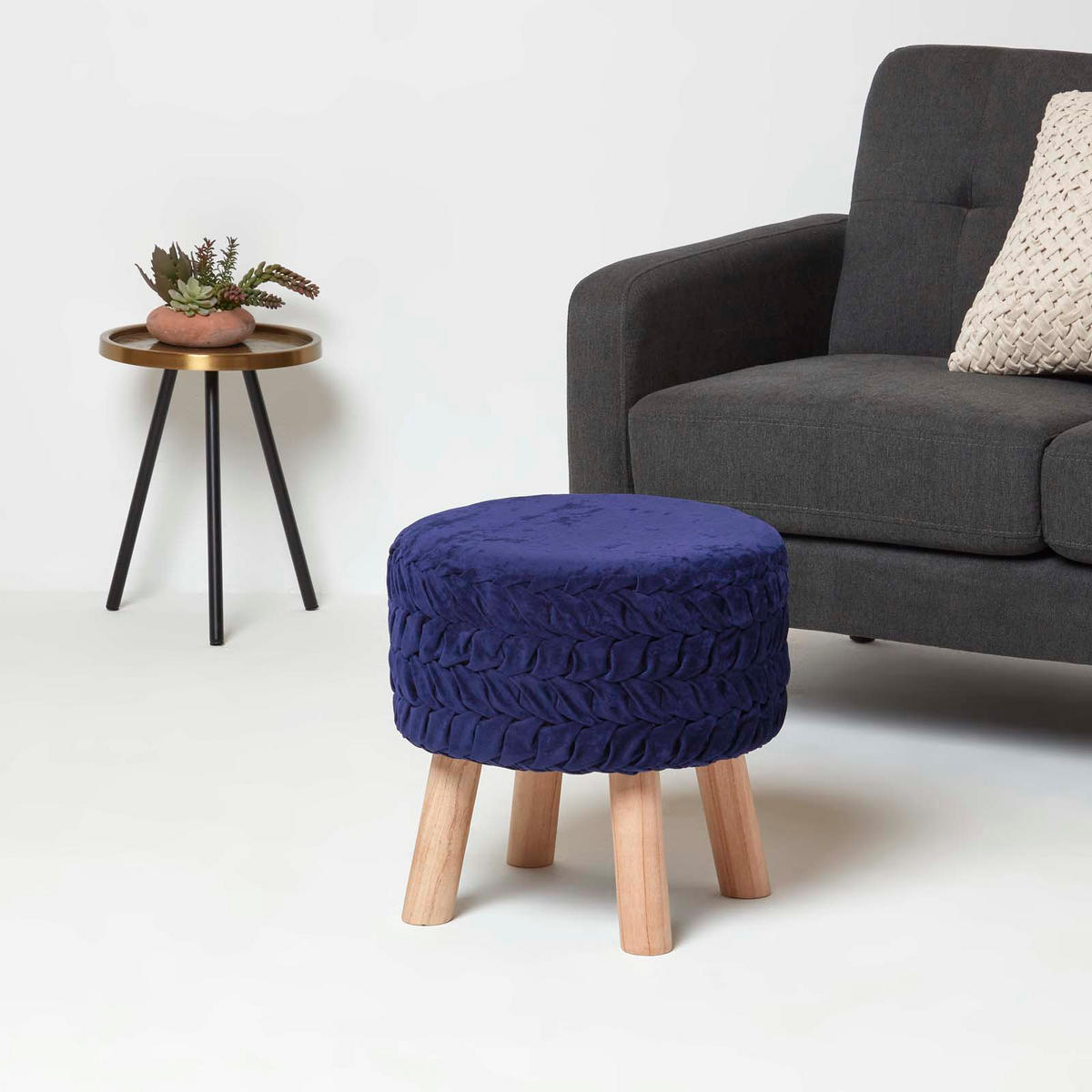 SAMT-HOCKER Lyla, blau plissiert, 40/40/41 cm - Blau, Textil (41/40/41cm) - Homescapes