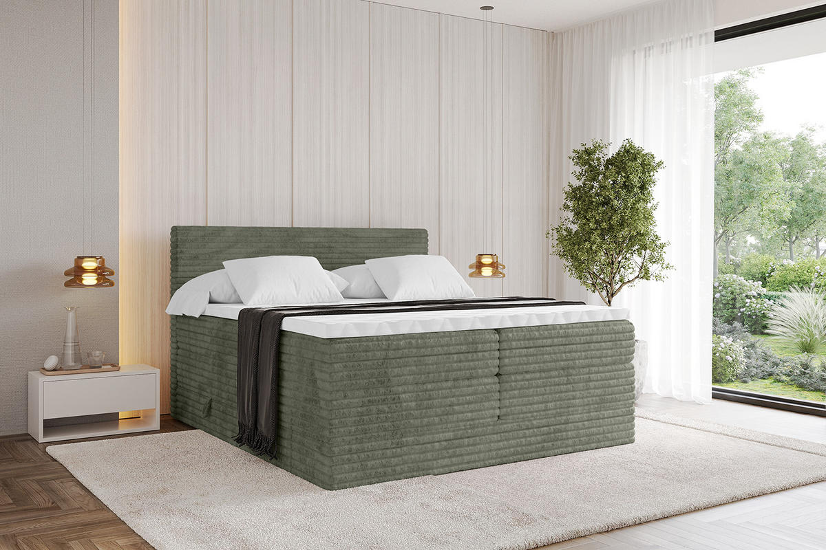 BOXSPRINGBETT mit Matratze H3|H4 und Lattenrost - TOLO KING-v1 200x200 Cord - Olive - Olivgrün, Holzwerkstoff (200/200cm)