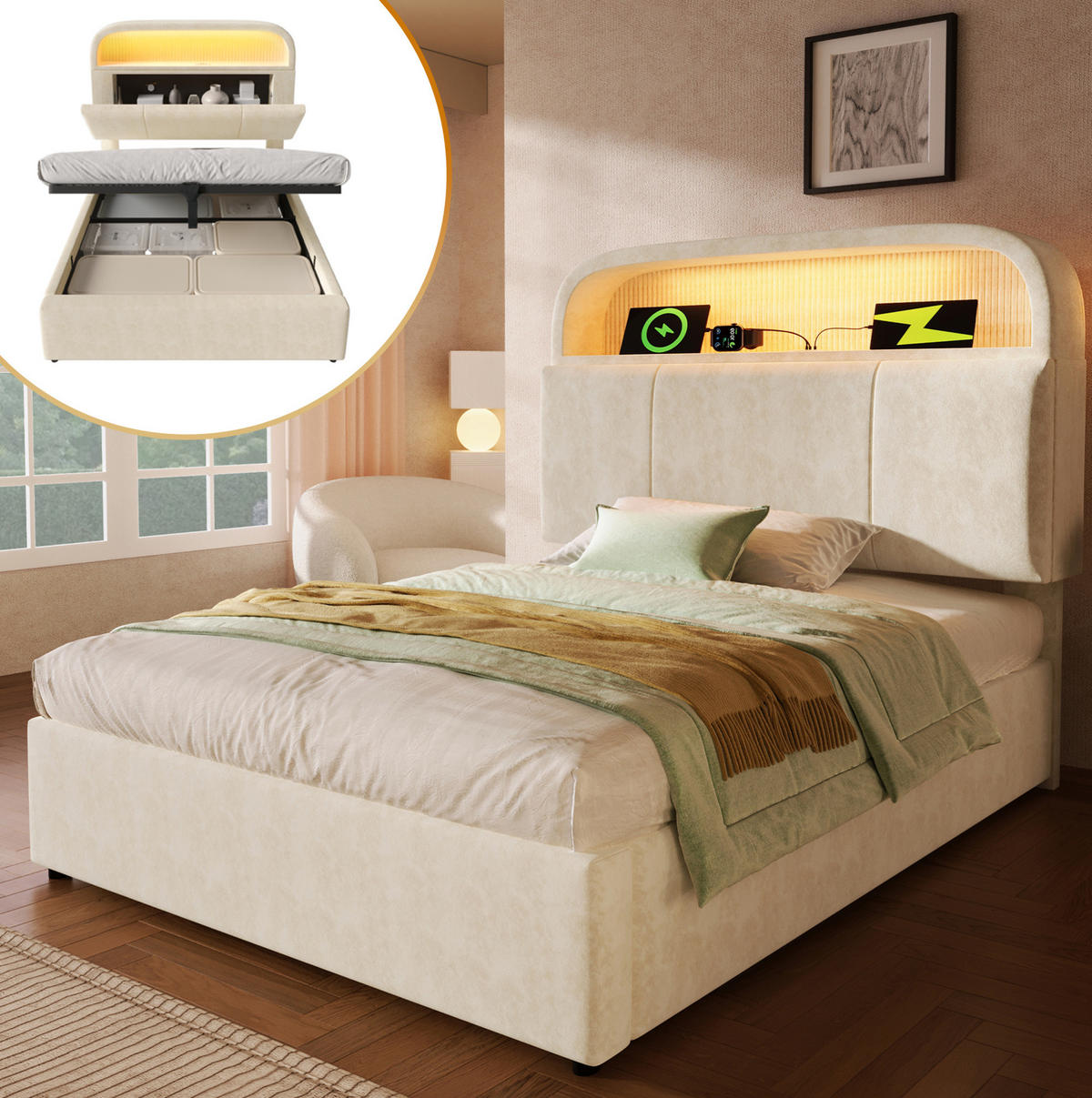 POLSTERBETT 90/200 cm mit hydraulischem Bettkasten, LED & USB/Type-C, Samt Beige - Beige, Textil (90/200cm) - Redom