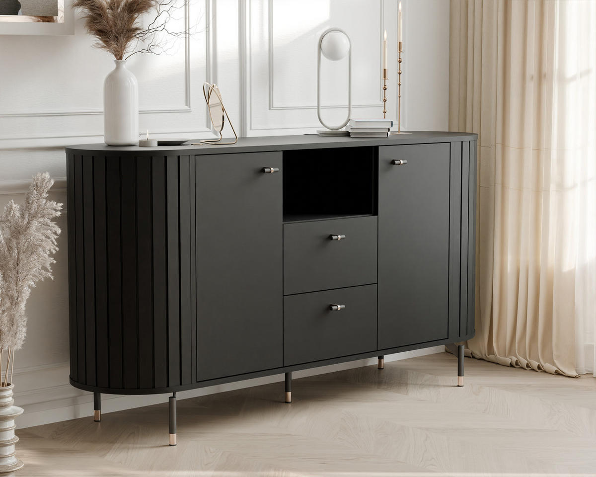 KOMMODE geriffelt, mit Fach, Schwarz - Schwarz, Holzwerkstoff (190/81/40cm) - Idohome