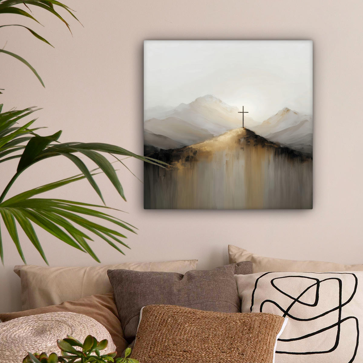 LEINWANDBILD Hügel - Abstrakt - Kreuz - Christentum Wandbild Wohnzimmer 50x50 cm - Beige, Textil (50/50cm) - MuchoWow