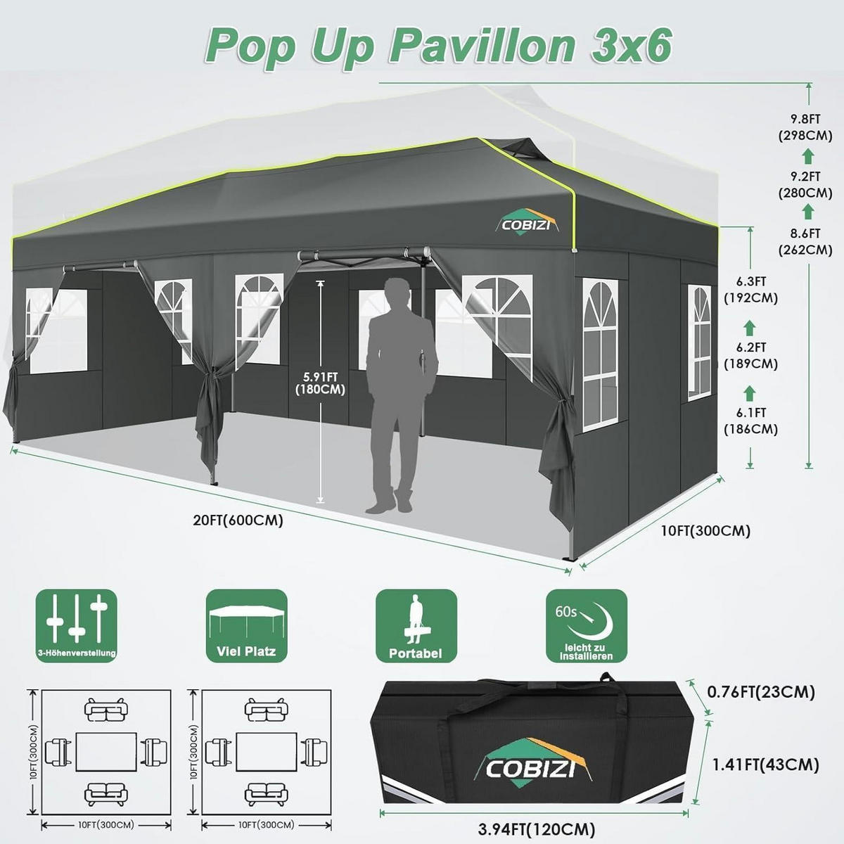 FALTPAVILLON 3x6m grau mit 6 Seitenwänden und Ein-Knopf-Zentralverriegelung - Grau, Textil (300/298.2/600cm)