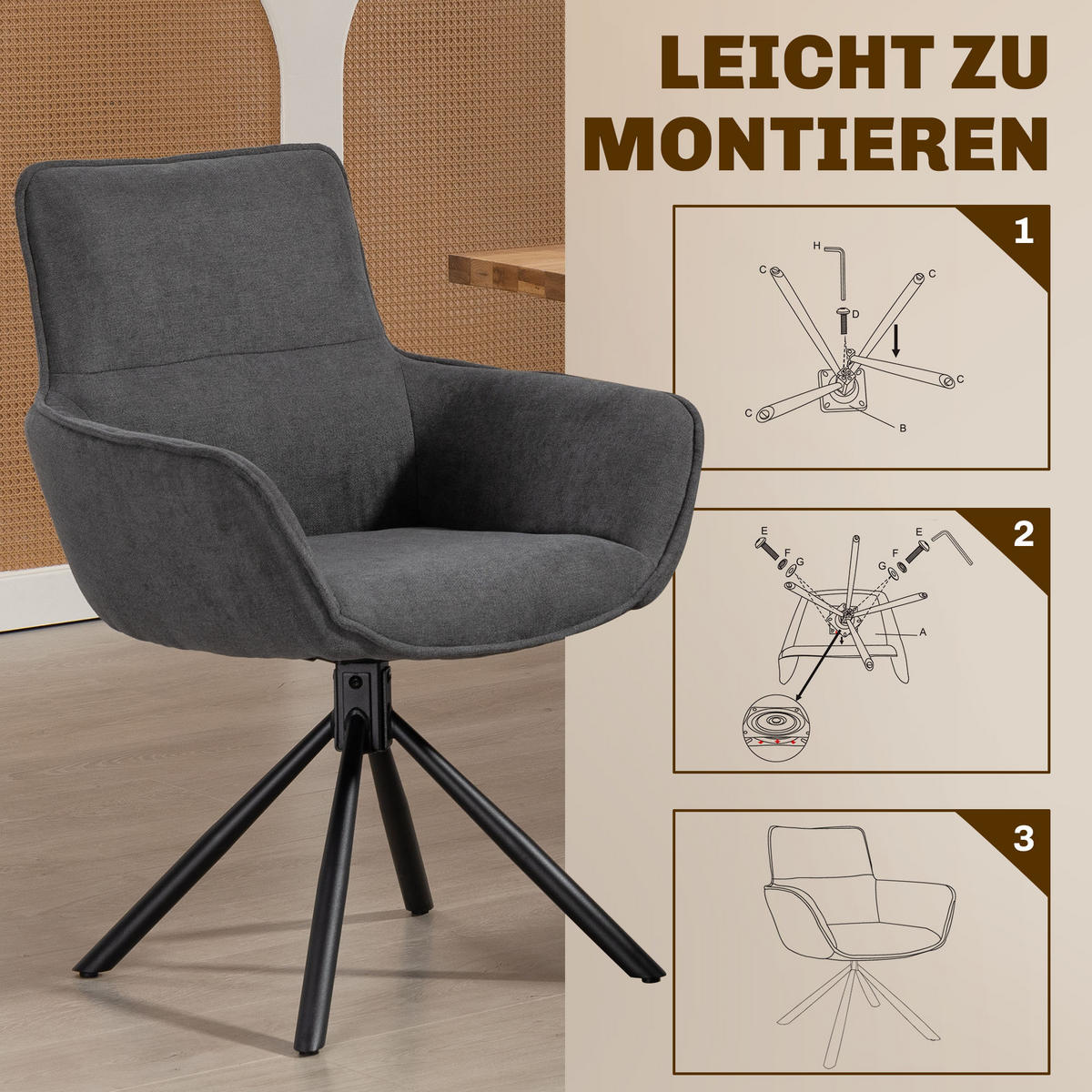 JÍDELNÍ židle, sada 2 ks, polyester a kov, tmavě šedá - černá/tmavě šedá, kov/textil (64/87/67cm) - HOMCOM