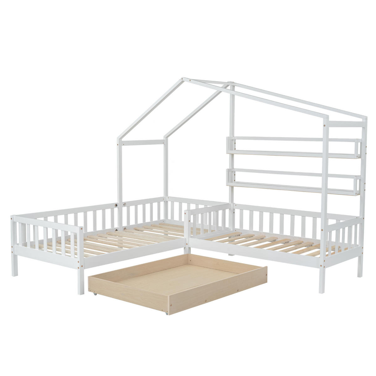 HAUSBETT 90x200 cm, mit Tisch, Kleiderschrank, Schutzgitter & 4-stufiger Leiter, Holz, weiß - Weiß, Holz (94/200cm)