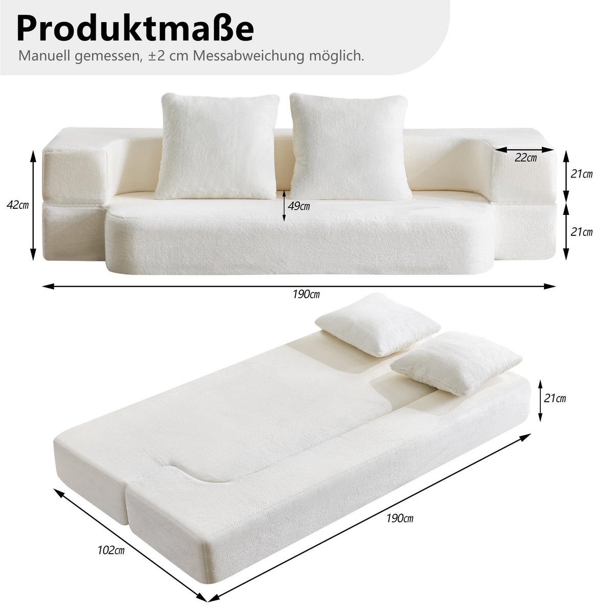 SCHLAFSOFA DE-34992 2-in-1 klappbar Weiß - Weiß, Textil (52/48/190cm) - ComfortXL