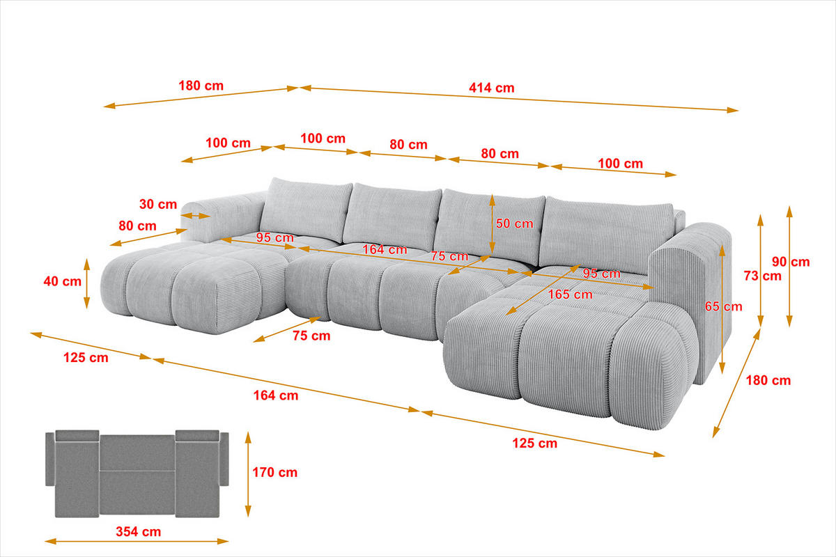 WOHNLANDSCHAFT Ottomane Links CLOUD-U 414x180x40 Grau Cord - Grau, Holzwerkstoff/Kunststoff (414/90/180cm) - ALTDECOR
