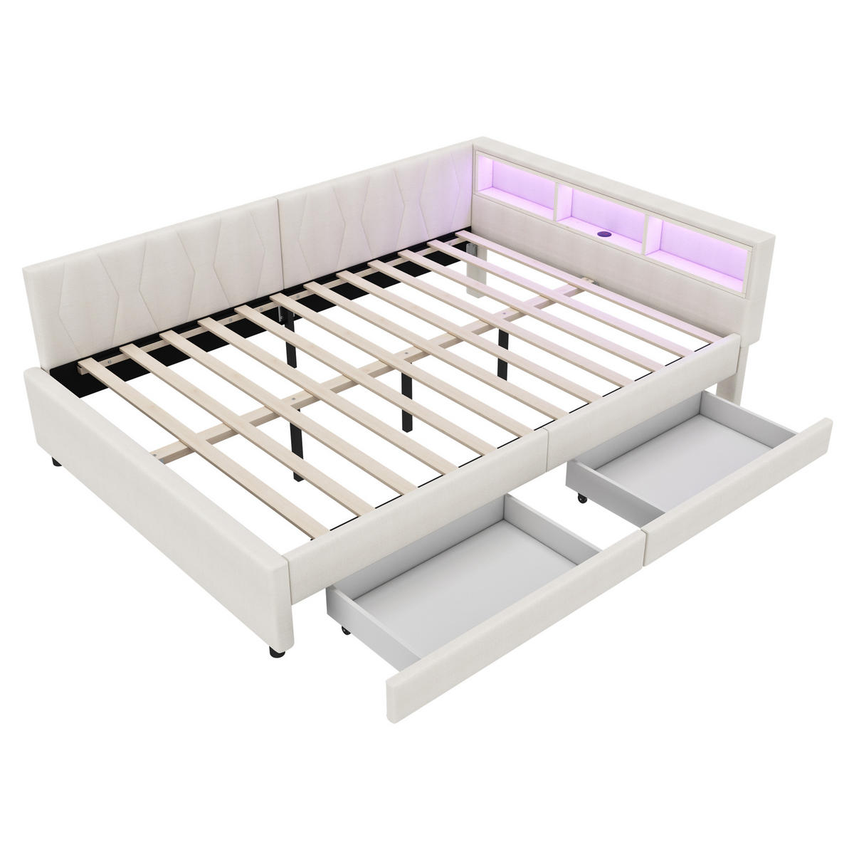KREVET na razvlačenje 140/200 cm od lana i MDF-a s LED osvjetljenjem, USB+Type C priključkom, ladicama i policama, Bež - bež, tekstil (140/200cm) - Redom