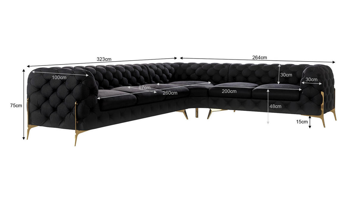 ECKSOFA Chesterfield Lexi Schwarz Samt, langer Schenkel links - Goldfarben/Schwarz, Holz/Textil (323/264cm) - S-Style Möbel