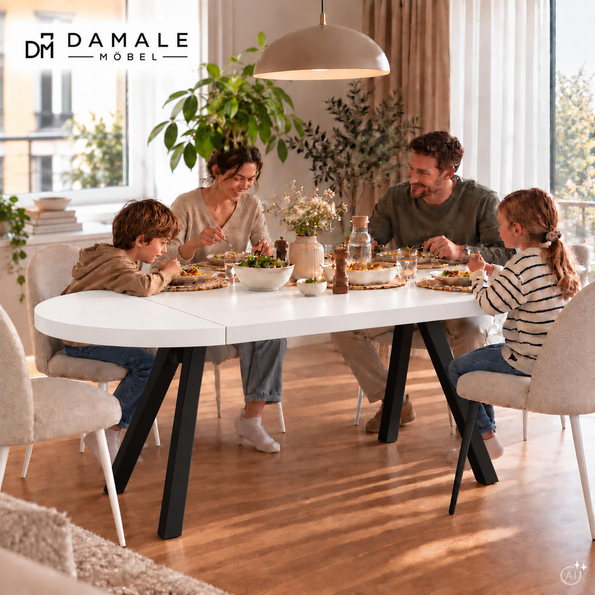 ESSTISCH rund ausziehbar 100/200/76 cm, Weiß, 54 cm Tischplatte + Y Metallgestell Schwarz - Schwarz/Weiß, Holzwerkstoff/Metall (100/200/76cm) - Damale Möbel