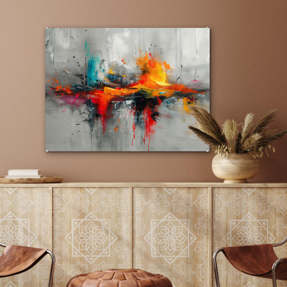 OBRAZ NA AKRYLOVOM SKLE Moderné umenie - Oranžová - Sivá - Abstraktné 80x60 cm - svetlosivá, sklo (80/60cm) - MuchoWow